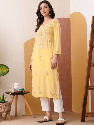 Modal chikankari kurta with blush pink and green embroidery - lemon yellow 1