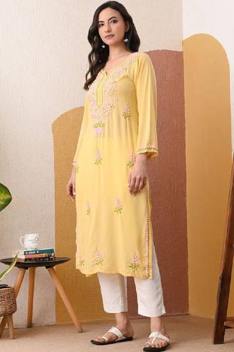 Modal chikankari kurta with blush pink and green embroidery - lemon yellow