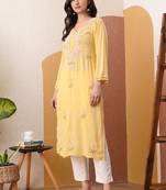 Modal chikankari kurta with blush pink and green embroidery - lemon yellow