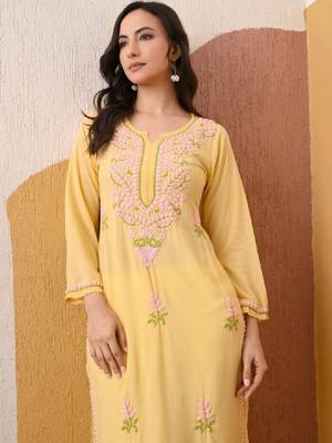 Modal chikankari kurta with blush pink and green embroidery - lemon yellow 2