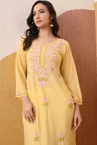 Modal chikankari kurta with blush pink and green embroidery - lemon yellow