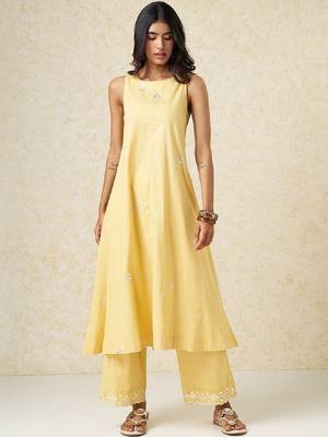 Yellow embroidered sleeveless a-line kurtas 2