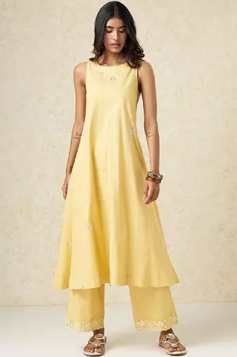 Yellow embroidered sleeveless a-line kurtas