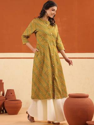 Printed pure cotton mandarin collar calf length a-line cotton kurta 1