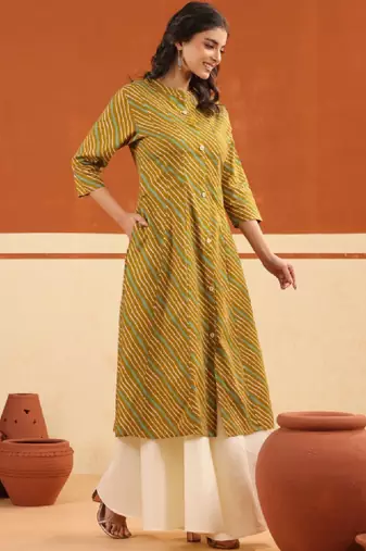 Printed pure cotton mandarin collar calf length a-line cotton kurta