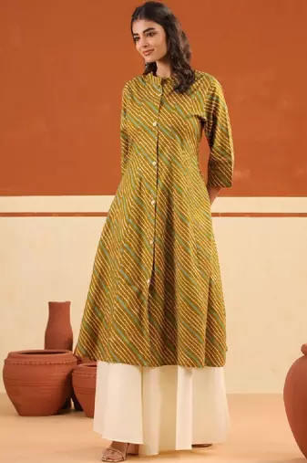 Printed pure cotton mandarin collar calf length a-line cotton kurta