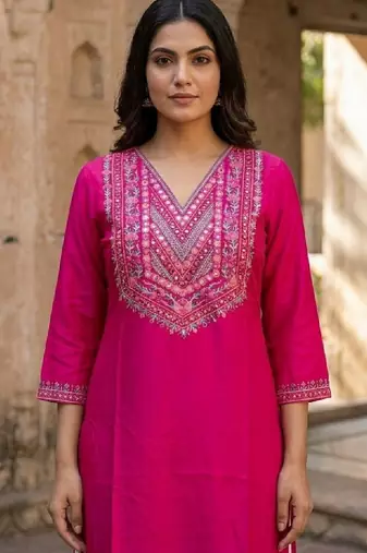 Embroidered v-neck calf length straight kurtas