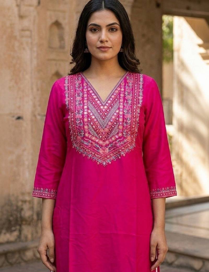 Embroidered v-neck calf length straight kurtas