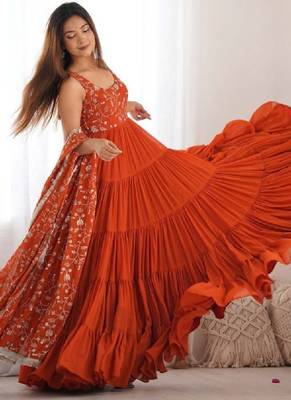 Women embellished thread work georgette anarkali kurta 1