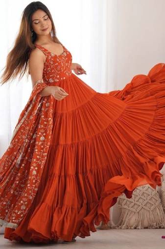 Women embellished thread work georgette anarkali kurta