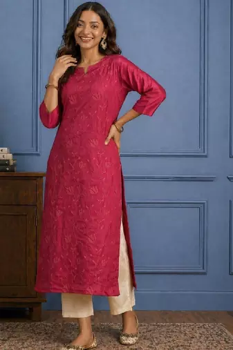 Embroidered chanderi silk round neck calf length straight kurtas