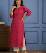 Embroidered chanderi silk round neck calf length straight kurtas