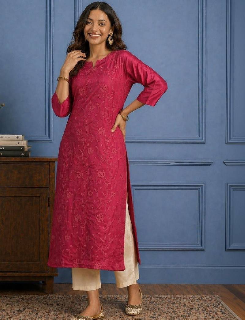 Embroidered chanderi silk round neck calf length straight kurtas