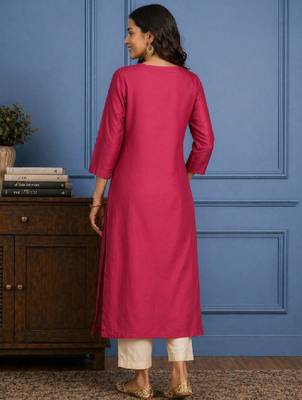 Embroidered chanderi silk round neck calf length straight kurtas 2