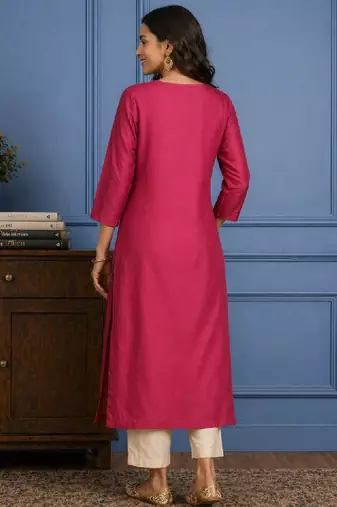 Embroidered chanderi silk round neck calf length straight kurtas