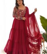 Women ethnic motifs embroidered thread work georgette anarkali kurta