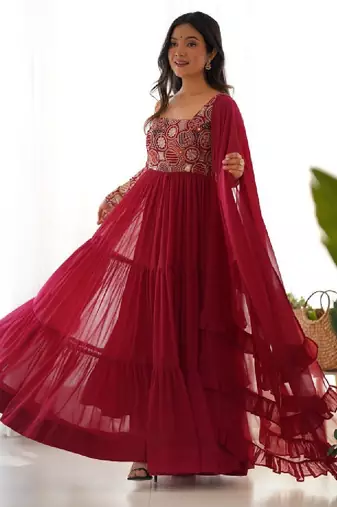 Women ethnic motifs embroidered thread work georgette anarkali kurta
