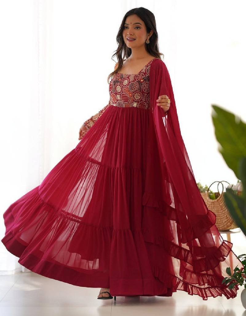 Women ethnic motifs embroidered thread work georgette anarkali kurta
