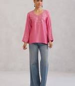 Women floral pink ethnic motifs embroidered thread work sleeveless kurta