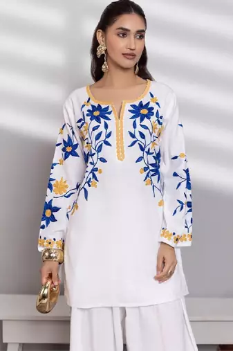 Women white floral embroidered thread work jacquard cotton kurta