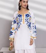 Women white floral embroidered thread work jacquard cotton kurta