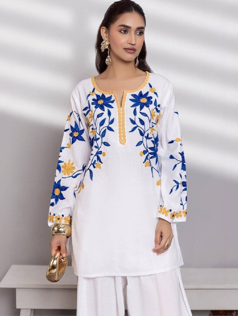 Women white floral embroidered thread work jacquard cotton kurta