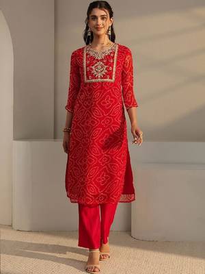Red bandhani printed chiffon straight kurta 1