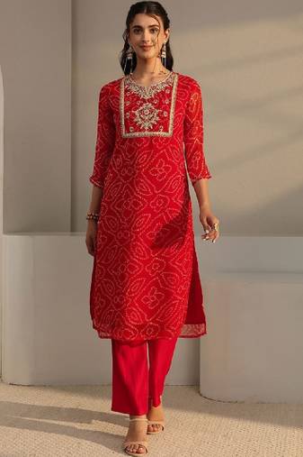 Red bandhani printed chiffon straight kurta