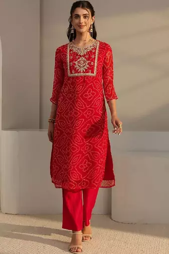 Red bandhani printed chiffon straight kurta