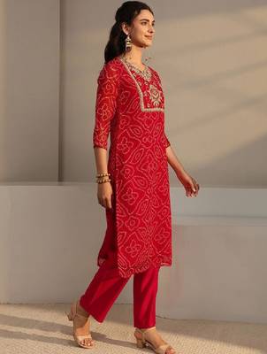 Red bandhani printed chiffon straight kurta 2