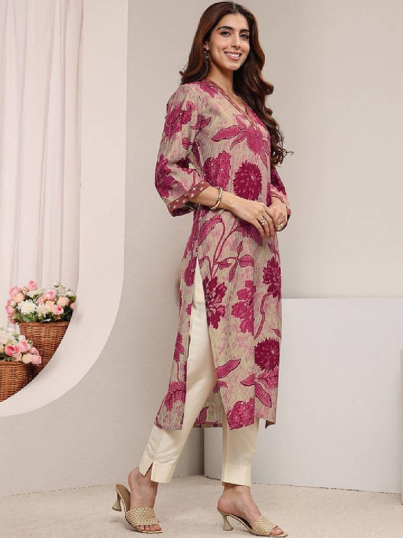 Maroon floral printed straight kurta