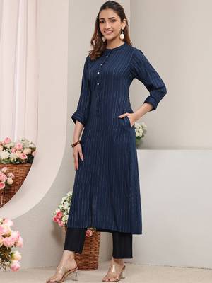 Blue striped woven design rayon straight kurta 1