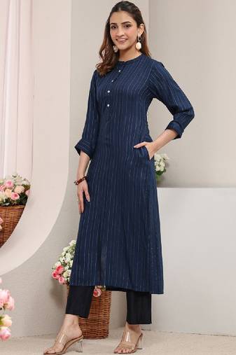 Blue striped woven design rayon straight kurta