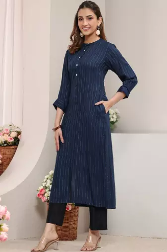 Blue striped woven design rayon straight kurta