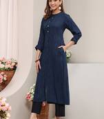 Blue striped woven design rayon straight kurta