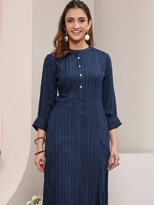 Blue striped woven design rayon straight kurta 2