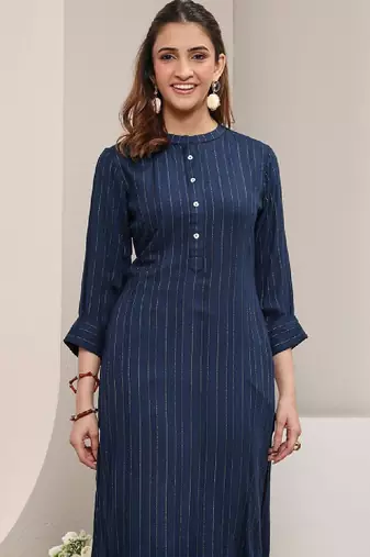 Blue striped woven design rayon straight kurta