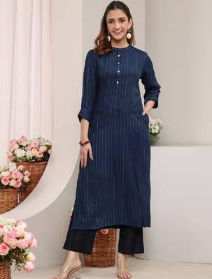 Blue striped woven design rayon straight kurta 3