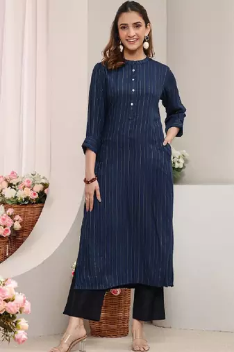 Blue striped woven design rayon straight kurta