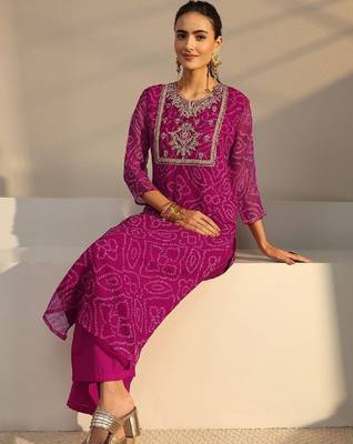 Pink bandhani printed chiffon straight kurta 1