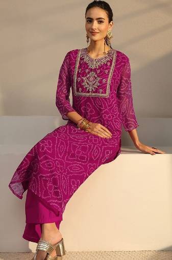 Pink bandhani printed chiffon straight kurta