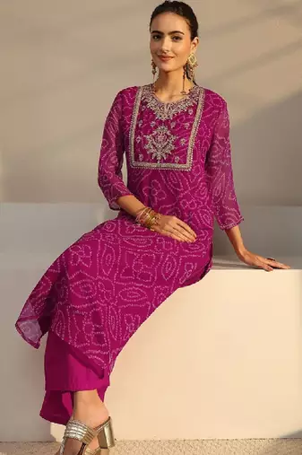 Pink bandhani printed chiffon straight kurta