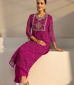 Pink bandhani printed chiffon straight kurta