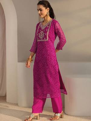 Pink bandhani printed chiffon straight kurta 2