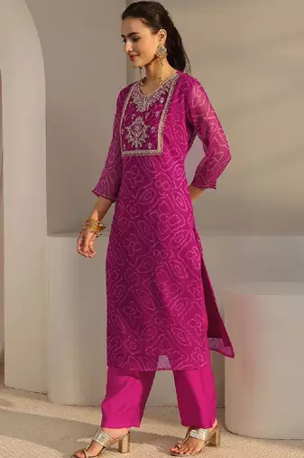 Pink bandhani printed chiffon straight kurta