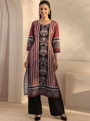 Women maroon striped printed straight kurta 1