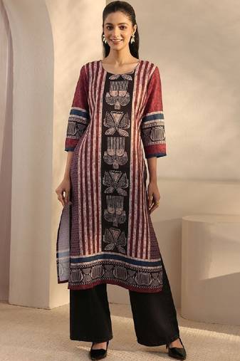 Women maroon striped printed straight kurta