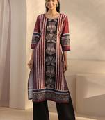 Women maroon striped printed straight kurta