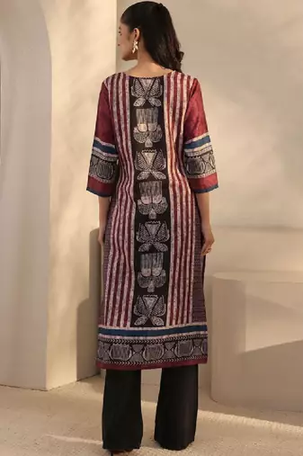 Women maroon striped printed straight kurta