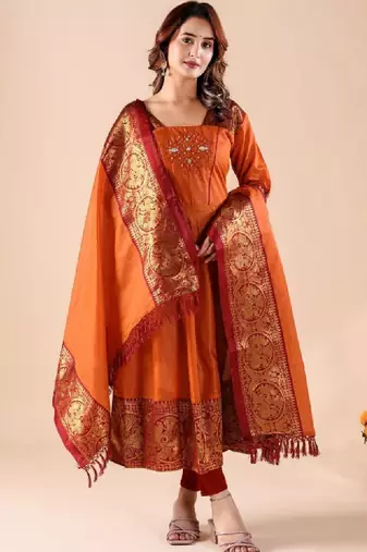 Women ethnic motifs thread work jacquard anarkali kurta